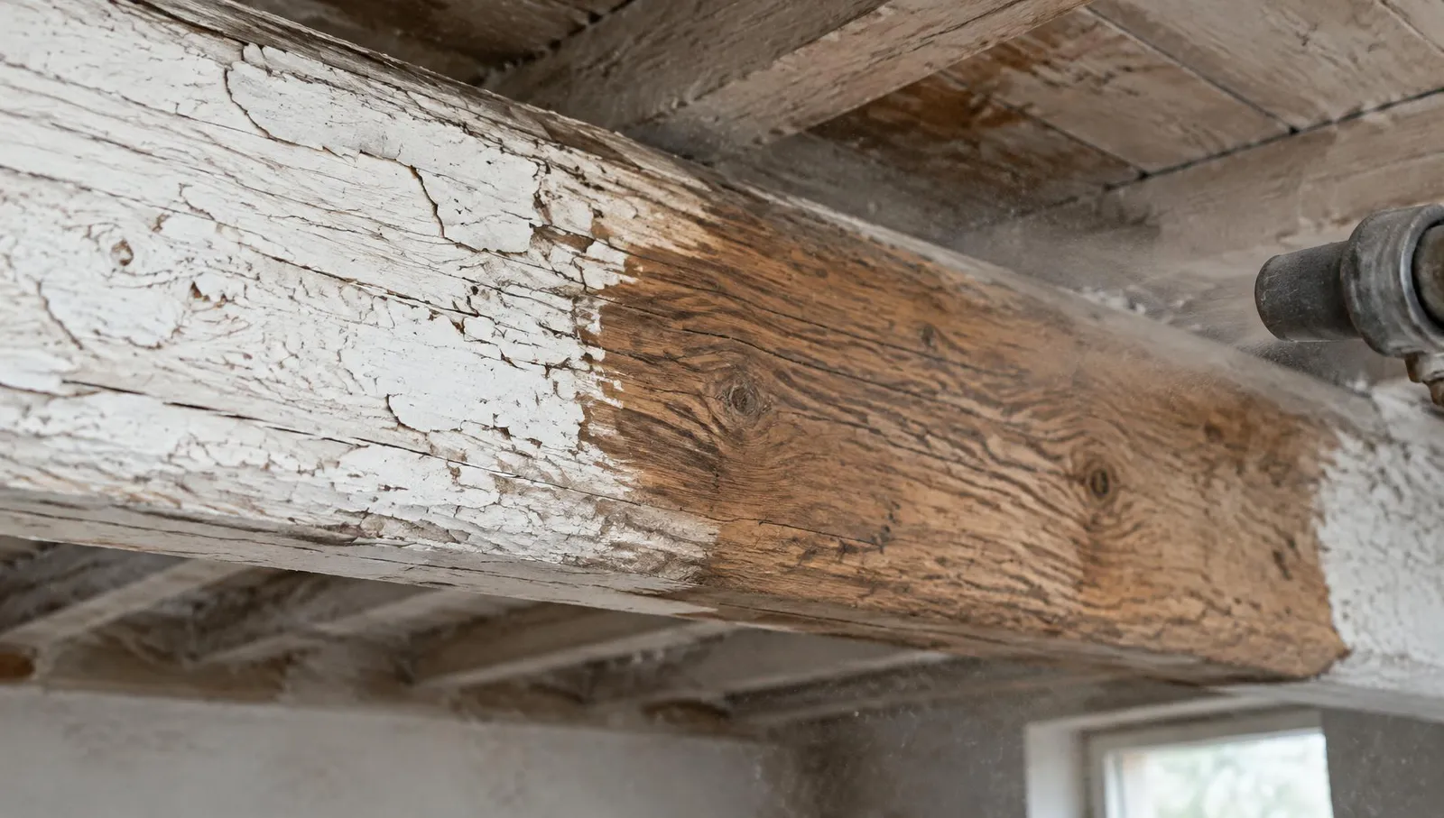 Poutre en bois à moitié décapée : peinture blanche d'un côté, bois naturel de l'autre