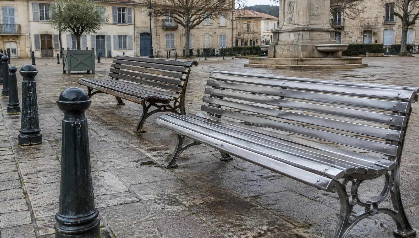 Bancs publics en métal, l'un remis à nu, l'autre encore usé, sur une place de village