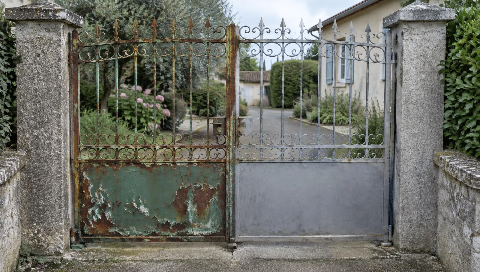 Portail en fer forgé : un battant rouillé, l'autre remis à nu