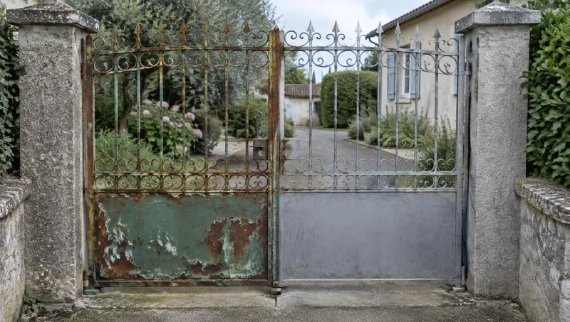Portail en fer forgé rouillé puis remis à nu